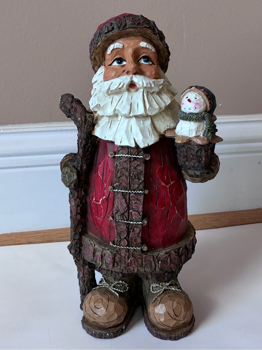 11" Rustic Resin Santa Figurine Holding Snowman Woodland Christmas Decor